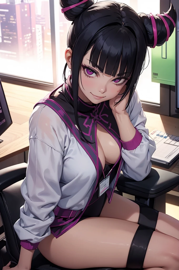juri han, evil smile, office, bangs in the eyes, lighting, hair horn, vision of up, looking up, smile, sitting on an office chair, legs crossed,corpo detalhado,belo corpo,imagem detalhada
