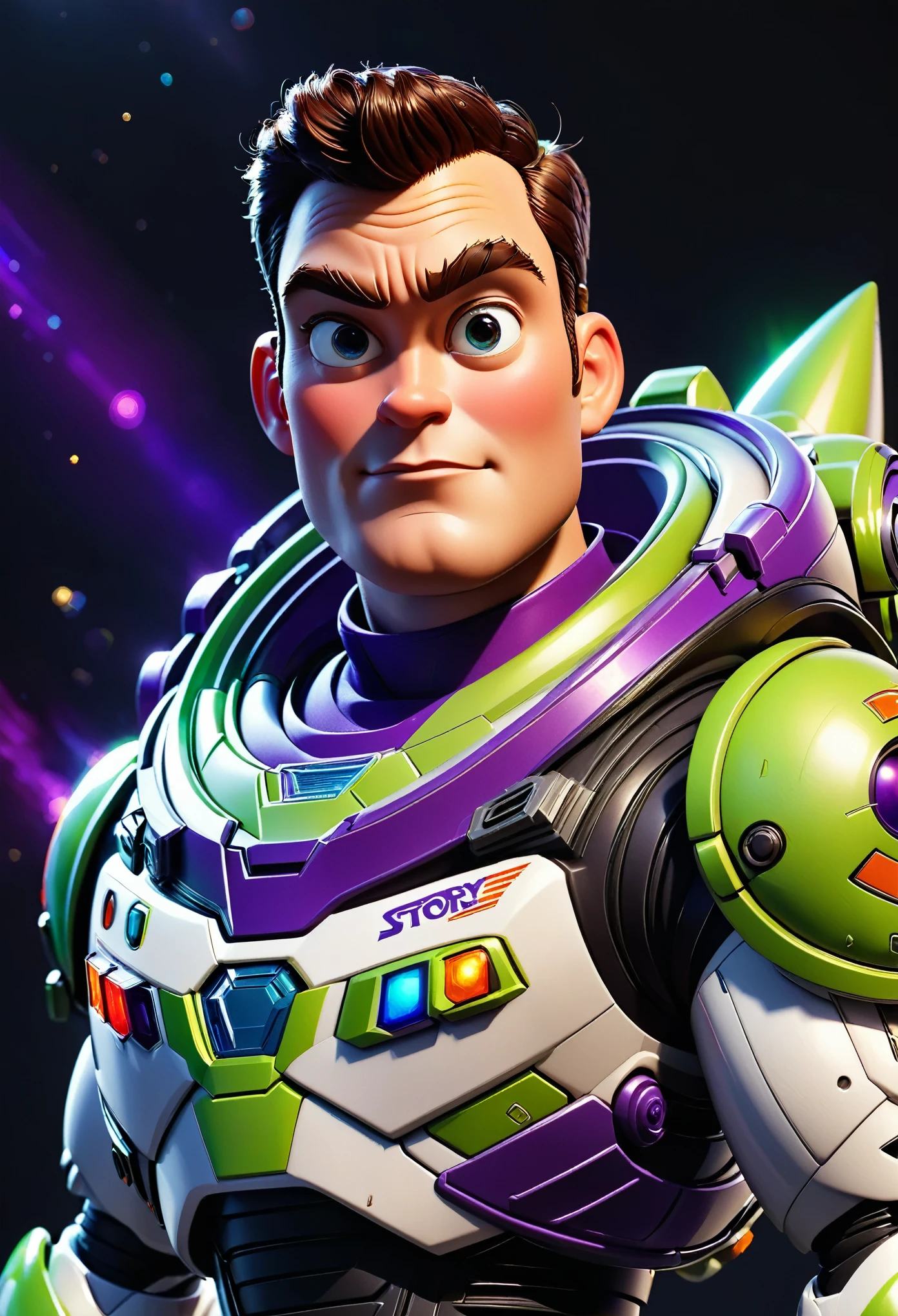 3D Render Style, a space ranger, Buzz Lightyear, from the Toy Story movies, extremely detailed highly detailed photorealistic portrait, dynamic action pose, powerful heroic expression, metallic space suit, glowing jetpack, laser blaster, epic cinematic lighting, beautiful volumetric lighting, hyper realistic, 8k, Ray-traced, physically-based rendering, cinematic camera angle, dramatic shadows, vibrant colors, glossy metallic surfaces