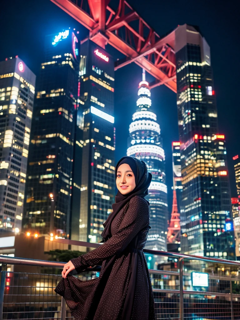 hijab, dress, Tokyo tower night
