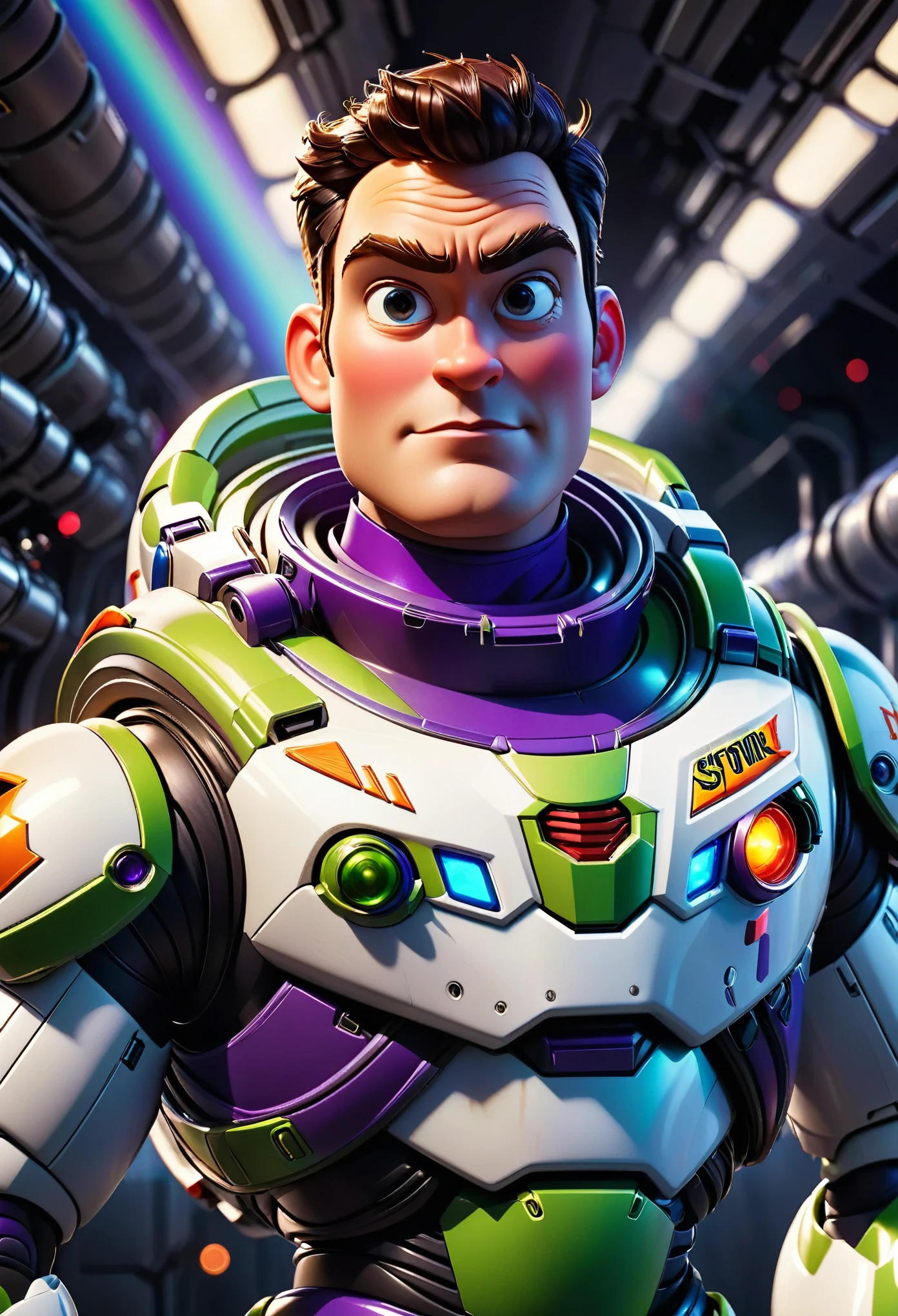 3D Render Style, a space ranger, Buzz Lightyear, from the Toy Story movies, extremely detailed highly detailed photorealistic portrait, dynamic action pose, powerful heroic expression, metallic space suit, glowing jetpack, laser blaster, epic cinematic lighting, beautiful volumetric lighting, hyper realistic, 8k, Ray-traced, physically-based rendering, cinematic camera angle, dramatic shadows, vibrant colors, glossy metallic surfaces