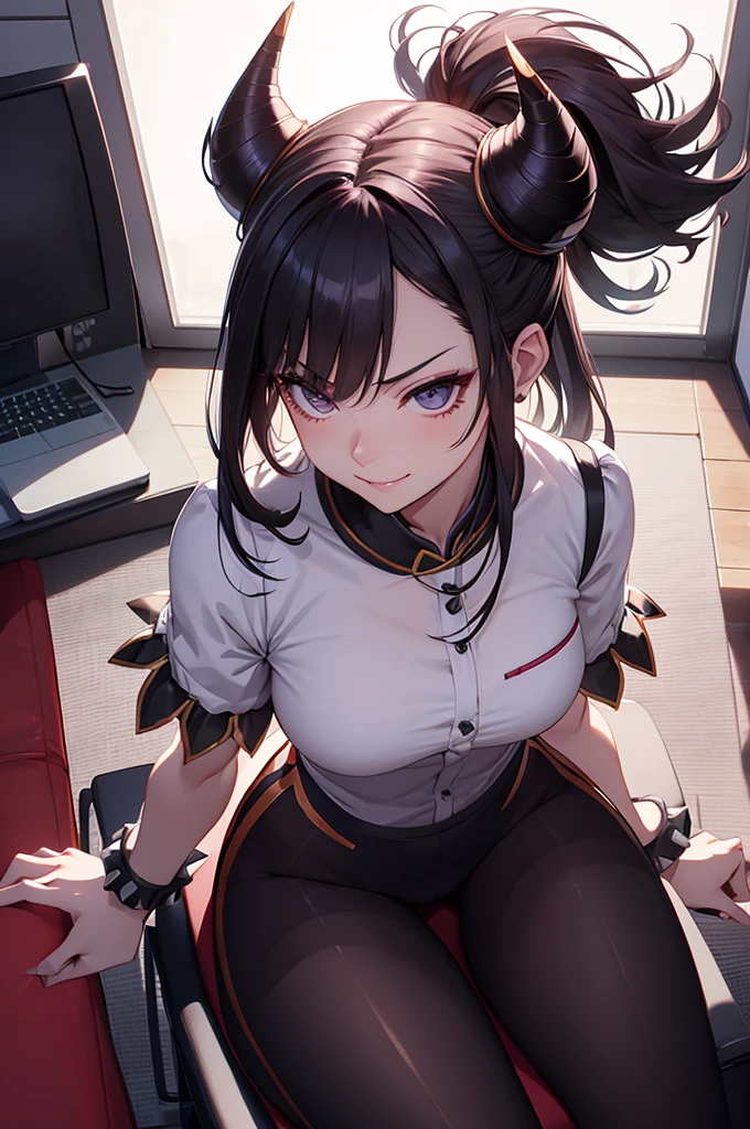 juri han, evil smile, office, bangs in the eyes, lighting, hair horn, vision of up, looking up, smile, sitting on an office chair, legs crossed,corpo detalhado,belo corpo,imagem detalhada