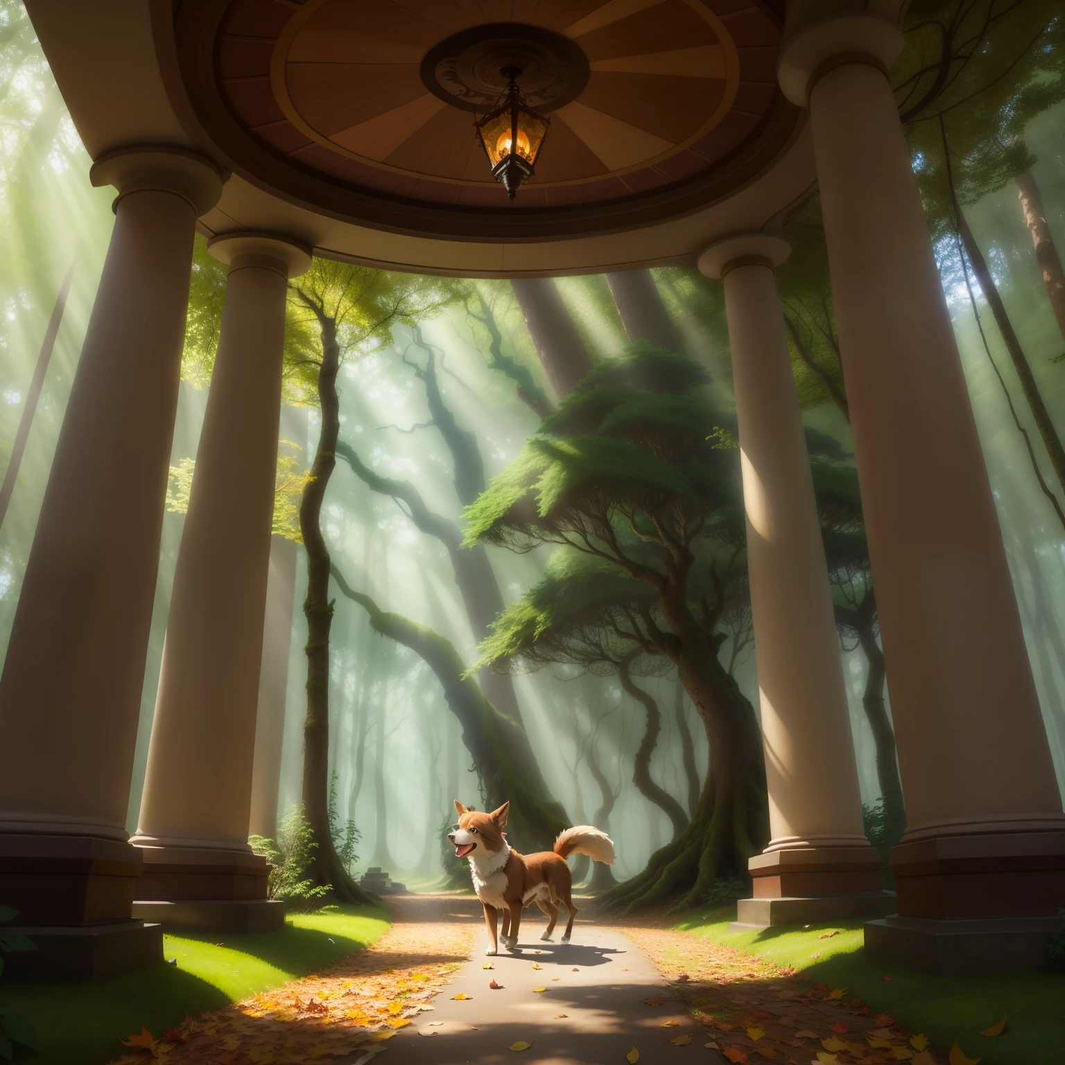 In the enchanting lobby of the Whispering Woods, a jubilant cartoon dog frolics. The earthy aroma of damp leaves and moss fills the air as he zigzags past ancient oak trees, sending acorns cascading down. Rays of sunshine dance through the canopy, painting a mesmerizing kaleidoscope of light and shadow across the forest floor. This dog's hearty laugh and whimsical antics embody the pure, unbridled joy that can only be found amidst the embrace of nature's verdant cathedral. strewn twigs and fallen leaves outline his playful path, showcasing the picturesque lifestyle