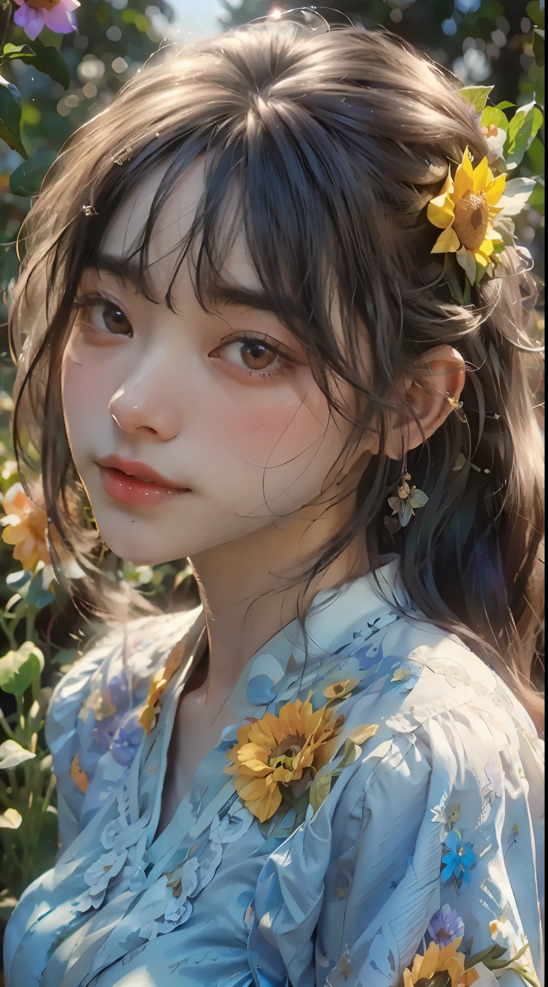 sunflower garden, blue sky, rainbow and sunlight shining, 1girl, (best quality, 8k, highest quality, realistic, photorealistic), detailed eyes, detailed lips, extremely detailed face, long eyelashes, beautiful young woman, serene expression, soft lighting, warm color tones, cinematic composition, detailed petals, lush foliage, sun flare, volumetric lighting, magical atmosphere