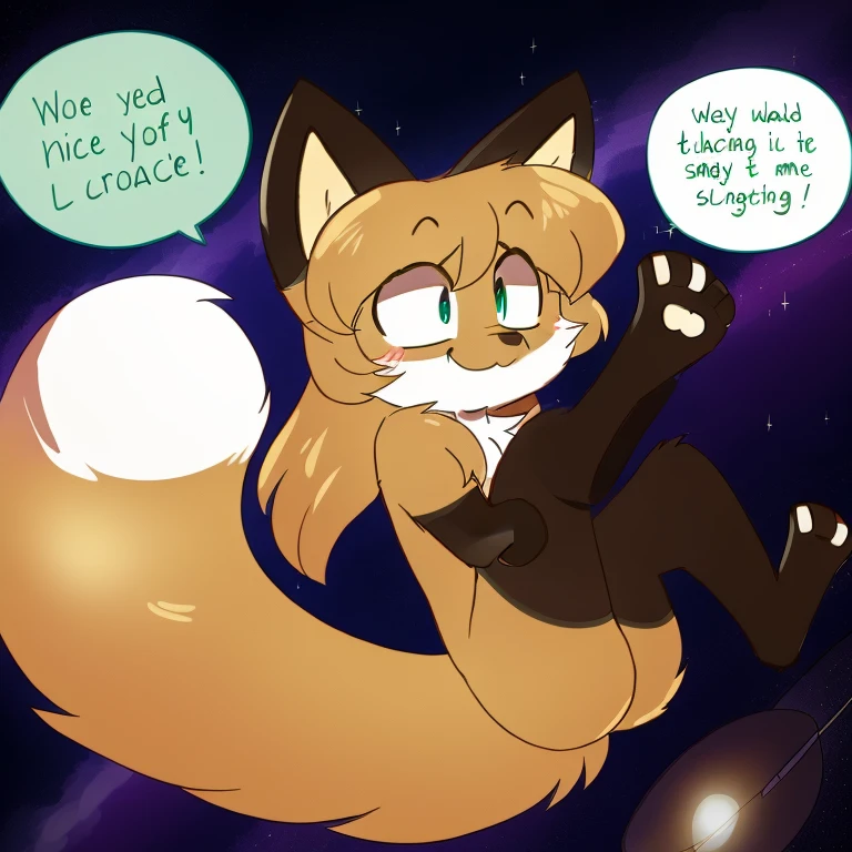 Nervous smiling, uploaded the e621, space background, in space, floating in space, beautiful and detailed, woman (((female))) ((anthro)) Fox, (Averi, Fox girl), cinematic lighting, Fox, (anthro, fluffy fur, character focus:1.1), 1girl, anthro fox girl, body fur, curvy, sexy, nice, cute, hot, comfortable anime-style cartoon-style, digital drawing, fully open eyes, green eyes, SFW, flat chest, astronaut's helmet, wearing a helmet, wearing a astronaut's helmet, speech bubble, multiple speech bubbles, mid air, leaning backwards, looking happy, waving, legs up, floating mid air, floating, flying
