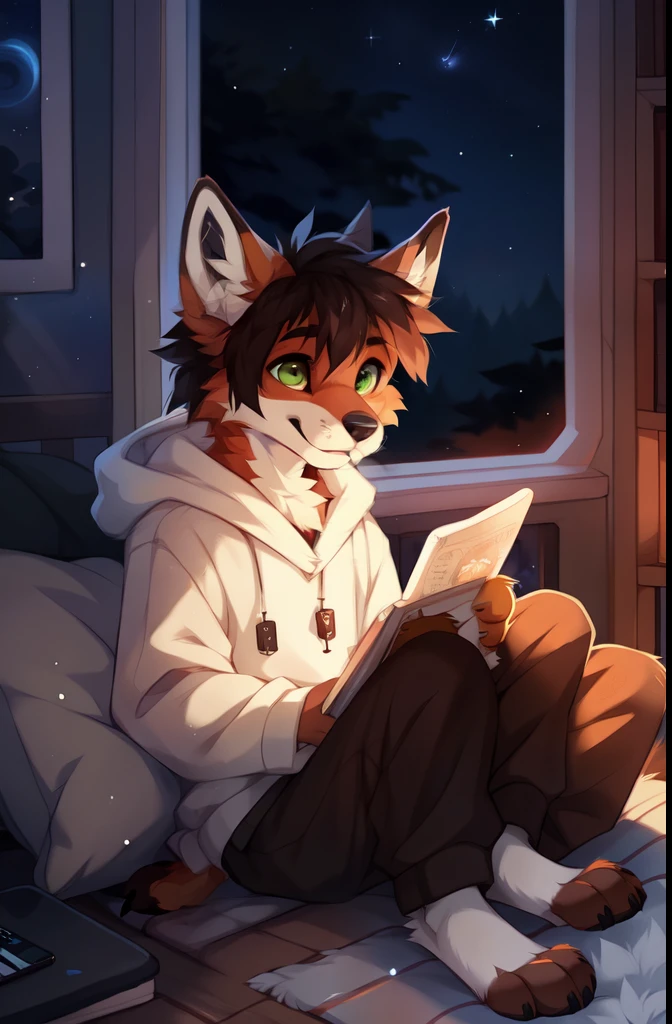 solo，full body，Male，fox，green eyes，brown hands，pajamas，Good night，sleepy，bedroom，floor，Outside the window is the night sky and the Milky Way，Stellaris, ((by keihound, by reysi)), by Zackary911, by hyattlen, by fumiko, by fluff-kevlar, Furry, Anthro,