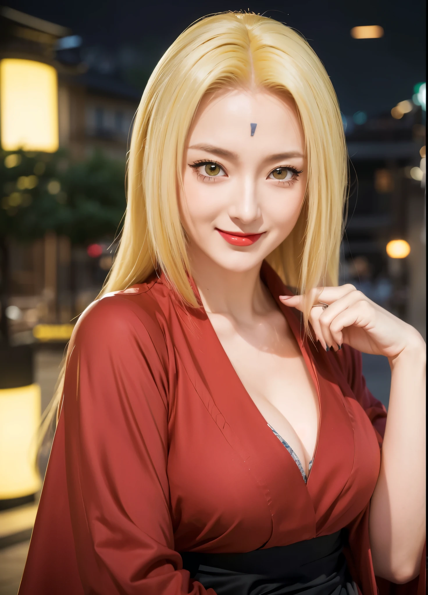 (female,anime,Anime Shippuden,tsunade:1.1),(long hair,yellow hair),(yellow eyes,beautiful detailed eyes,realistic eyes:1.1),(smile,beautiful detailed smile:1.1),(green clothes,realistic clothes),(city background,urban scenery),(ultra detail,extremely detailed:1.2),(realistic,photorealistic:1.37),(red lips,vivid red lips)