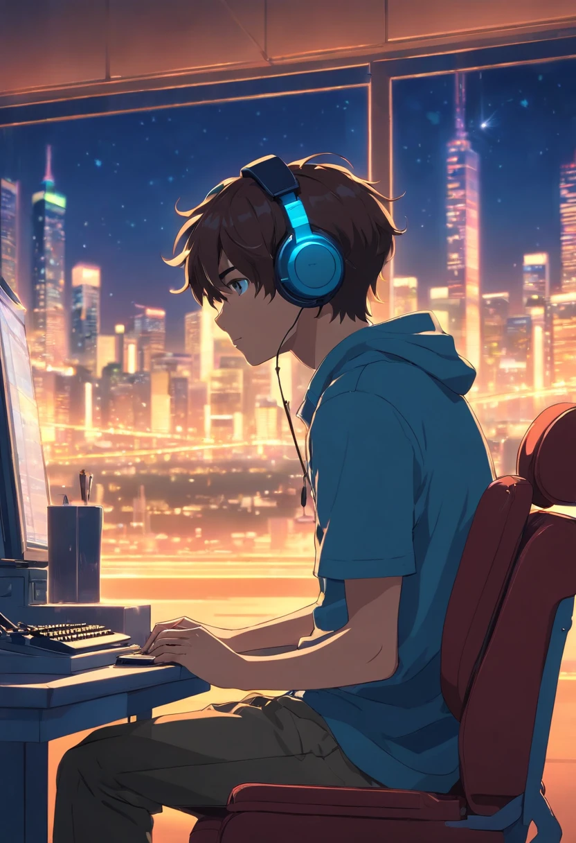 Night room with digital window、Male operator sitting on a chair, Profile of face、Wearing headphones