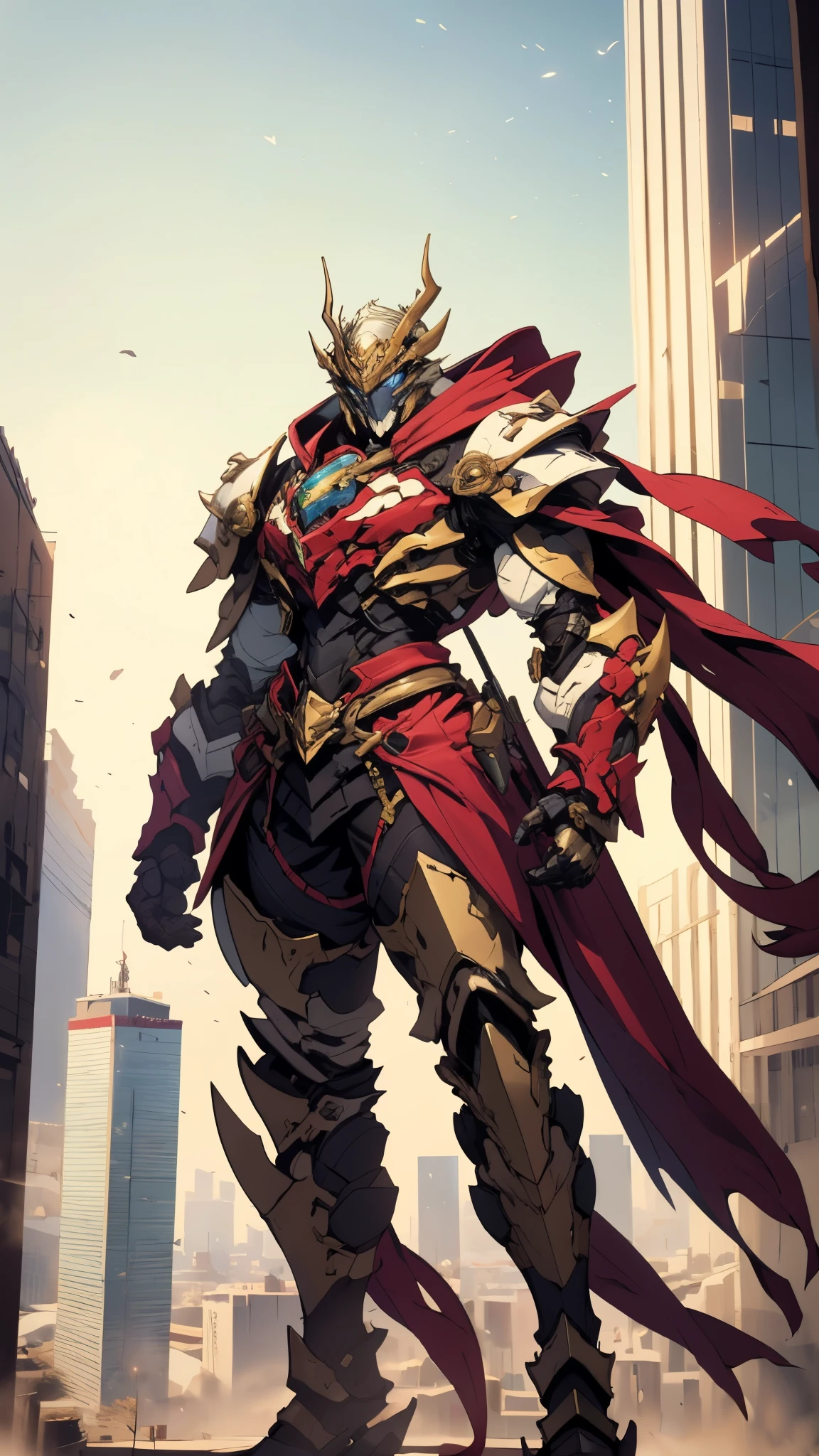 A man wearing a full-face helmet, a fantasy-style biotech armored combat suit, green eyes, (a composite layered chest armor), fully enclosed shoulder guards, matching arm and leg guards, the belt is adorned with 666 mark, (the color scheme is primarily red with yellow and white accents), the design balances heavy with agility, a high-tech bio-mecha armor, (Armor Concept Inspired by Demon, stand on the top of a skyscraper in a futuristic sci-fi city), this character embodies a finely crafted fantasy-surreal style armored hero in anime style, exquisite and mature manga art style, (battle damage, element, plasma, energy, the armor glows), ((male:1.5)), metallic, real texture material, dramatic, high definition, best quality, highres, ultra-detailed, ultra-fine painting, extremely delicate, professional, perfect body proportions, golden ratio, anatomically correct, symmetrical face, extremely detailed eyes and face, high quality eyes, creativity, RAW photo, UHD, 32k, Natural light, cinematic lighting, masterpiece-anatomy-perfect, masterpiece:1.5