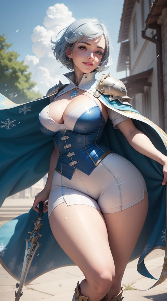 gwen tennyson,1girl,tracer,bulma,rebecca chambers,overwatch,atelier ryza,close up,fantasy castle view,tattoos,blue and white plugsuit,white short sleeve knight top,snowflake embroidery knight armor, Glossy enamel lycra micro shorts,snowflake embroidery corset, short hair,princess makeup,green eyes, multicolored silver hair,(Glossy enamel long dress train) ,fierce smile,freckles,beautiful girl,knight thigh high boots,large breasts,8k,ultra detailed,realistic,fantasy art,royal knight uniform,snowflake hair pin,ear piercings,snowflake hand and neck jewelry,(weather:windy),long royal blue knight cape,holding a crystal sword,petals flying, (chubby:1.2), , (Thick thighs:1.2)