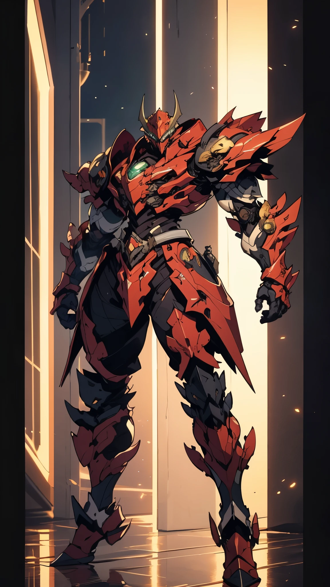 A man wearing a full-face helmet, a fantasy-style biotech armored combat suit, green eyes, (a composite layered chest armor), fully enclosed shoulder guards, matching arm and leg guards, the belt is adorned with 666 mark, (the color scheme is primarily red with yellow and white accents), the design balances heavy with agility, a high-tech bio-mecha armor, (Armor Concept Inspired by Demon, stand on the top of a skyscraper in a futuristic sci-fi city), this character embodies a finely crafted fantasy-surreal style armored hero in anime style, exquisite and mature manga art style, (battle damage, element, plasma, energy, the armor glows), ((male:1.5)), metallic, real texture material, dramatic, high definition, best quality, highres, ultra-detailed, ultra-fine painting, extremely delicate, professional, perfect body proportions, golden ratio, anatomically correct, symmetrical face, extremely detailed eyes and face, high quality eyes, creativity, RAW photo, UHD, 32k, Natural light, cinematic lighting, masterpiece-anatomy-perfect, masterpiece:1.5