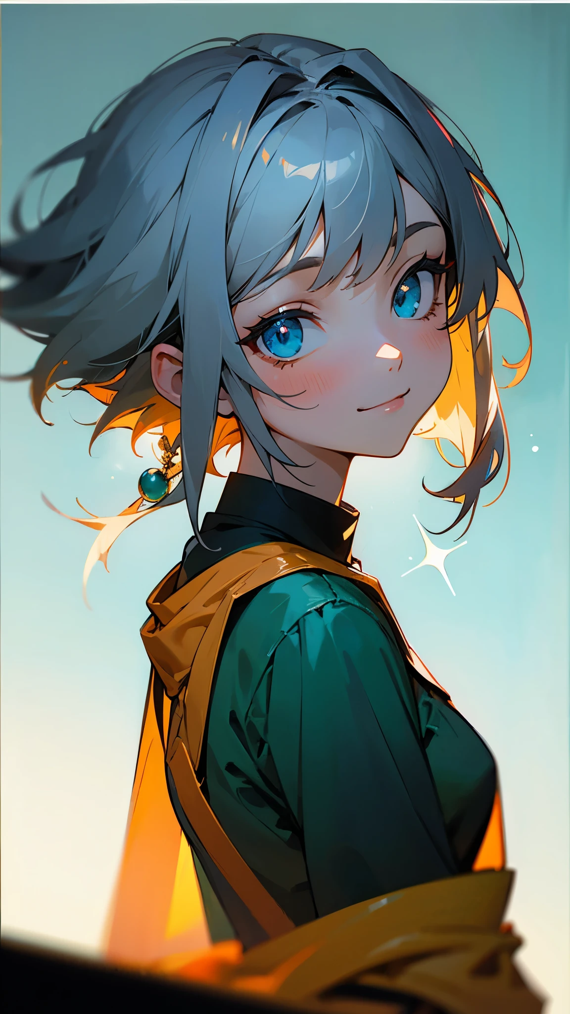 16-year-old girl、Anime style painting、Upper body close-up、smile、From the side, impression, (Oil), Green and orange tones、Silver Hair, (Sparkling blue eyes)、Delicate contours、Background Blur, Depth of the drawn border
