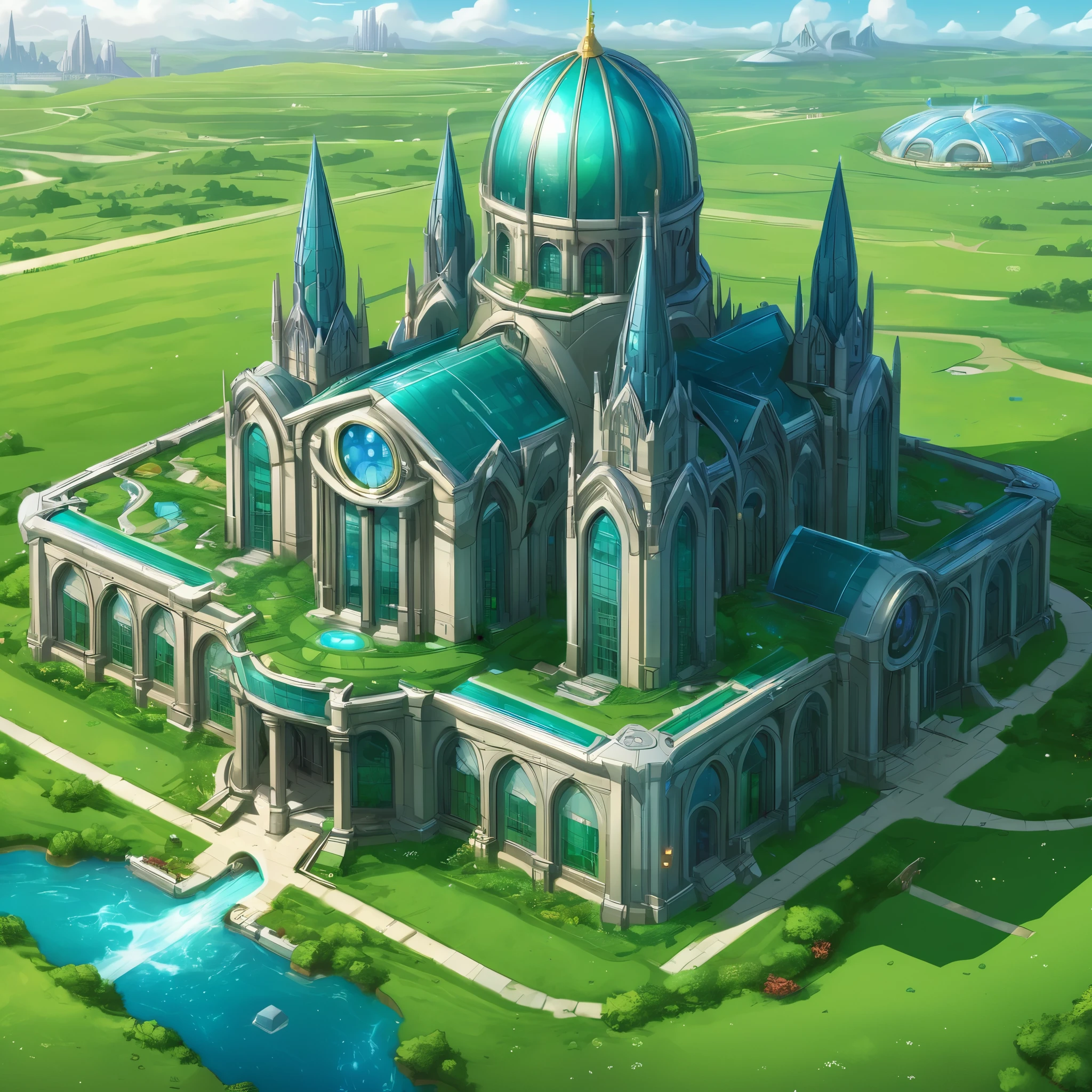 a large building sitting on top of a lush green field, as illustrated in top cow comics, front game card, infinite celestial library, ios app icon, interplanetary cathedral, atlantis city, official artwork, detail shot, by Edward Okuń, ( mechanical ), full image, logo without text, disney concept art :: nixri, exquisite architecture, colorful warcraft architecture