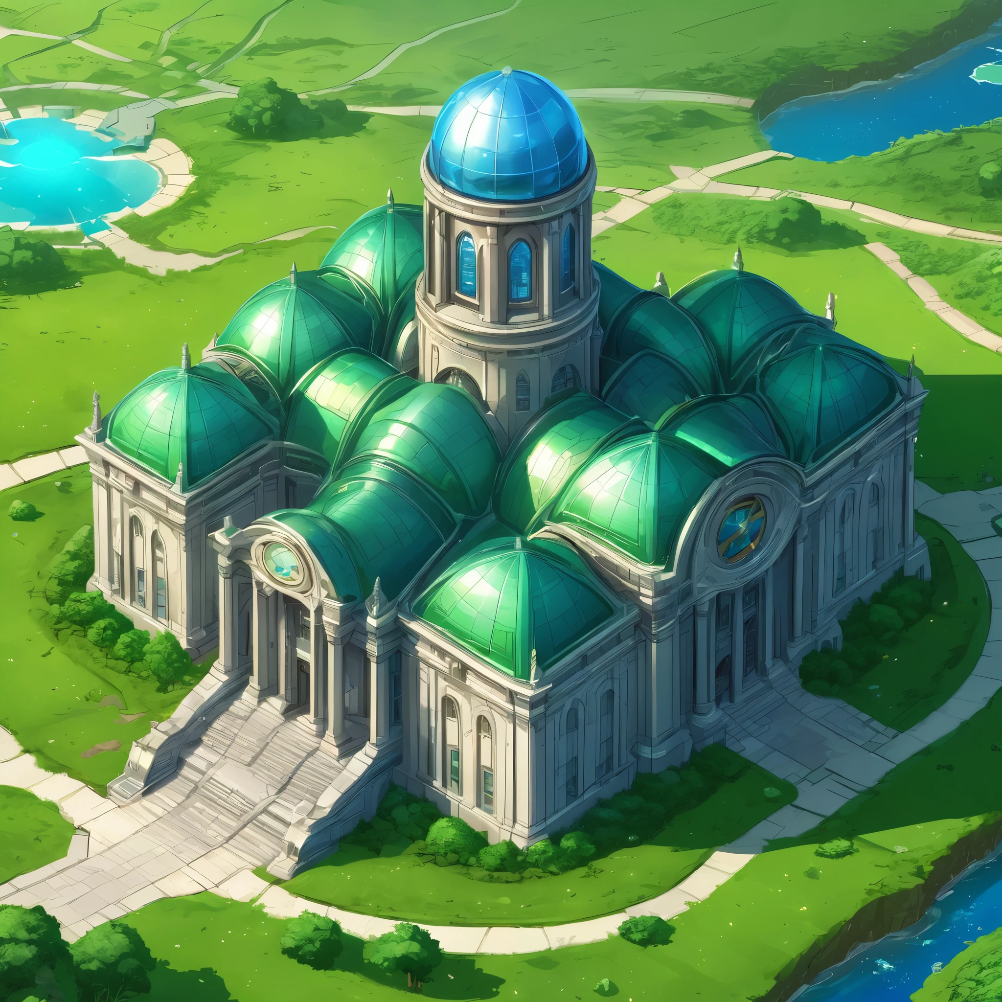 a large building sitting on top of a lush green field, as illustrated in top cow comics, front game card, infinite celestial library, ios app icon, interplanetary cathedral, atlantis city, official artwork, detail shot, by Edward Okuń, ( mechanical ), full image, logo without text, disney concept art :: nixri, exquisite architecture, colorful warcraft architecture
