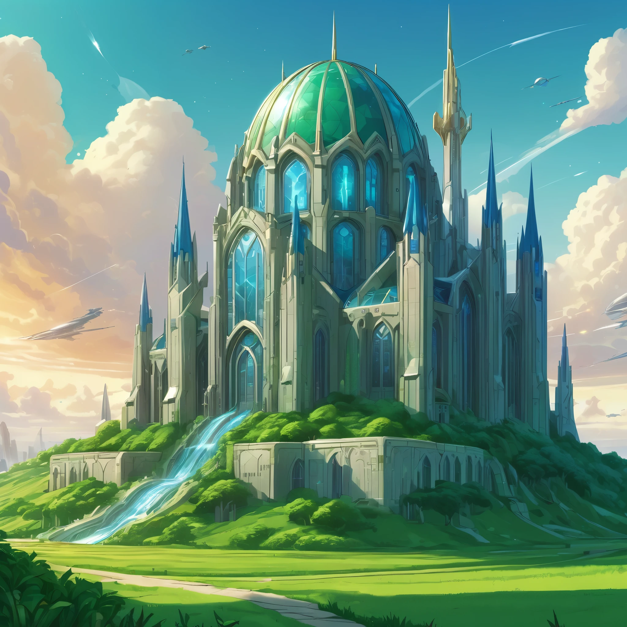 a large building sitting on top of a lush green field, as illustrated in top cow comics, front game card, infinite celestial library, ios app icon, interplanetary cathedral, atlantis city, official artwork, detail shot, by Edward Okuń, ( mechanical ), full image, logo without text, disney concept art :: nixri, exquisite architecture, colorful warcraft architecture