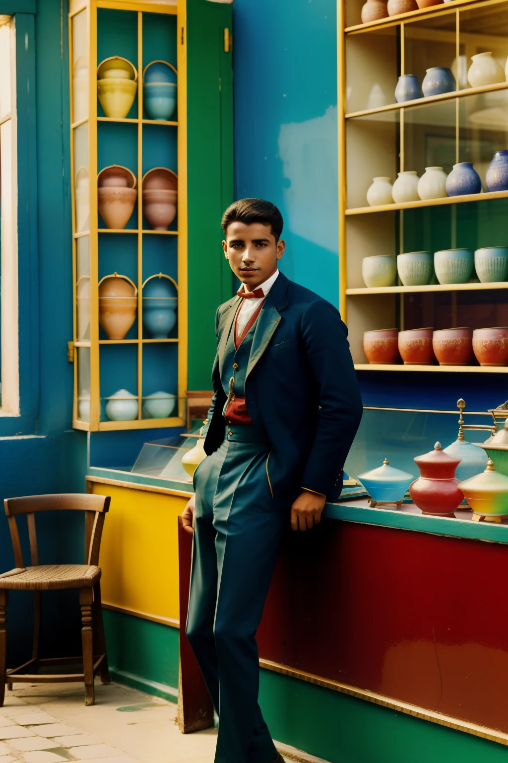 Tangier, 1910. young man inside a colored glass shop, teacups, ((colorful))