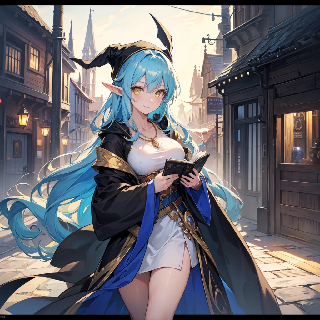 A sexy girl half elf wizard, Full dark wizard robe, wizard hat, yellow eyes, bright blue hair colour, book in hand, Town background,8k, masterpiece, best quality, highly detailed, 1girl, half-elf, solo, yellow eyes, bright blue hair, long straight hair, wearing necklace, gorgeous, smile, black robe and wizard clothing, friendly, sexy, close ups view, rings, looking at viewer, Town background, middle photo position,