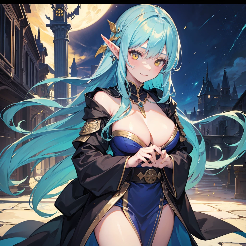 A sexy girl half elf wizard, Full dark wizard robe, wizard hat, yellow eyes, bright blue hair colour, book in hand, Town background,8k, masterpiece, best quality, highly detailed, 1girl, half-elf, solo, yellow eyes, bright blue hair, long straight hair, wearing necklace, gorgeous, smile, black robe and wizard clothing, friendly, sexy, close ups view, rings, looking at viewer, Town background, middle photo position,