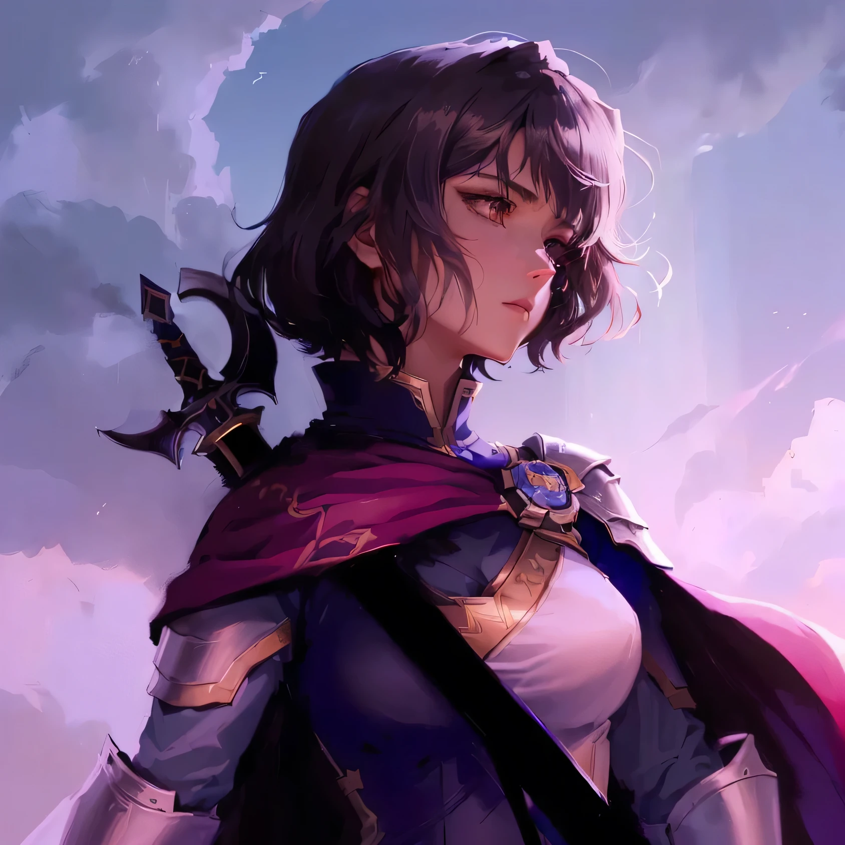 a woman with a sword and cape standing in the sky, portrait knights of zodiac girl, female protagonist, female protagonist 👀 :8, hero 2 d fanart artsation, holding a sword on her shoulder, portrait of a female anime hero, epic rpg portrait, official fanart, portrait of female paladin, she is holding a sword, short black hair