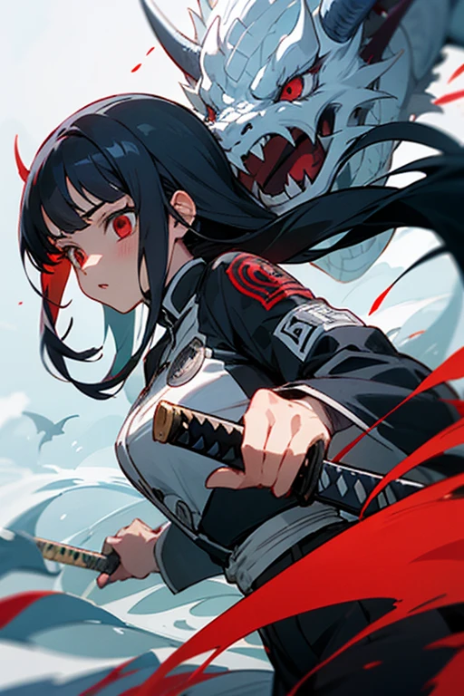 A girl from demon slayer, with long black hair and some white charms on her hair. She has a pair of red eyes with a hint of ocean blue. She is wearing the demon slayer corps uniform with a haori with a white dragon design. Her weapon is a katana.
