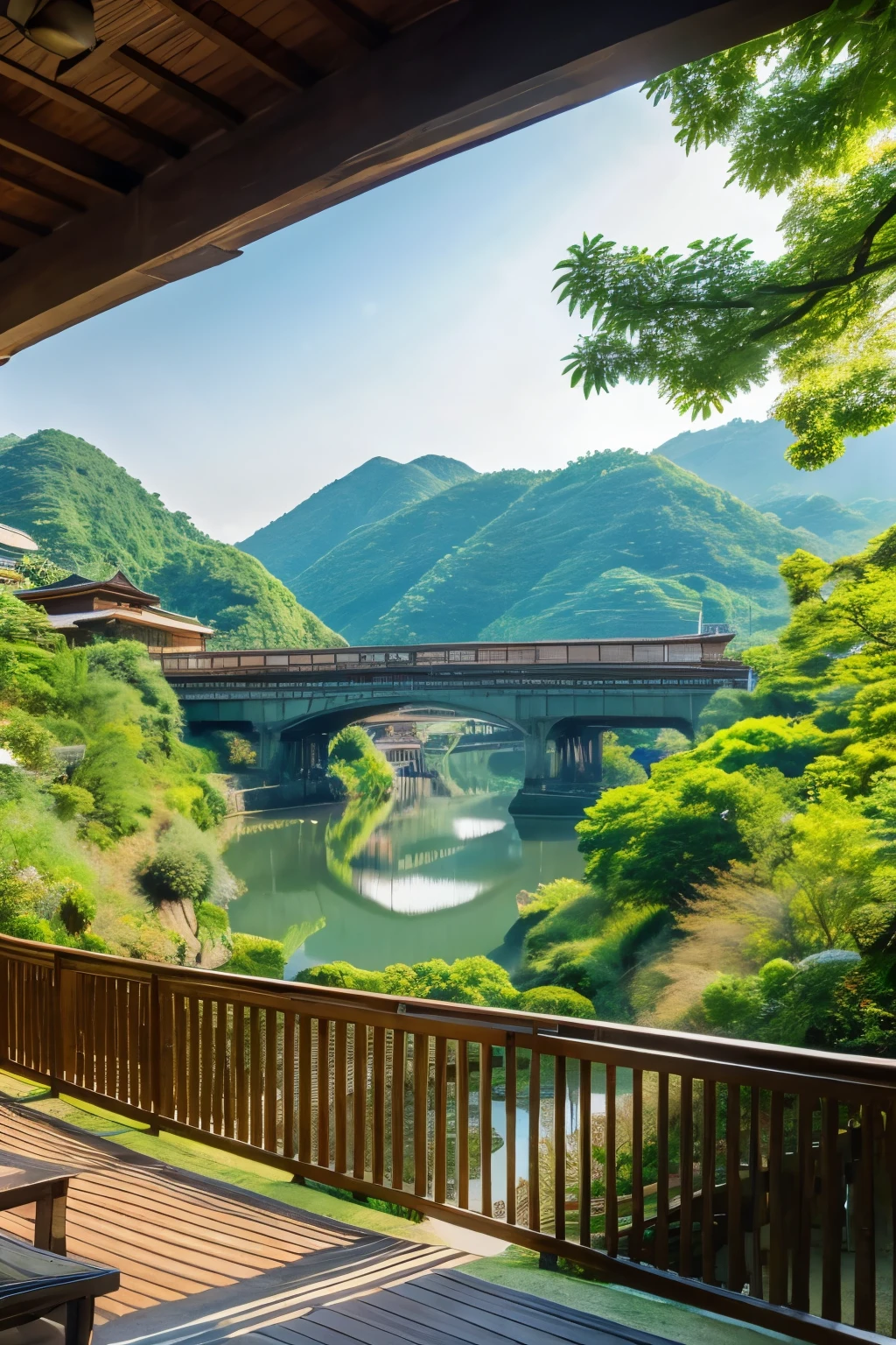 A picturesque view of Arashiyama in Kyoto, Japan, showcasing the iconic Togetsukyo Bridge with the lush green mountains in the background. The scene includes the serene river flowing beneath the bridge and the famous bamboo groves nearby. The overall ambiance is calm and inviting, highlighting the natural beauty and historic charm of the area.