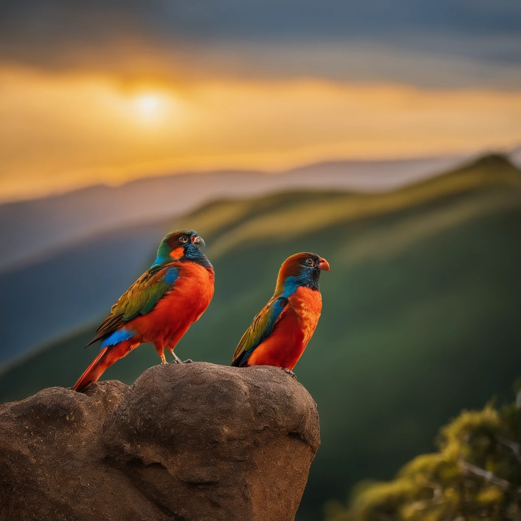 belas aves vuando entre bles harvores e um riacho com belas montanhas ao redor e um sol com raios brilhando