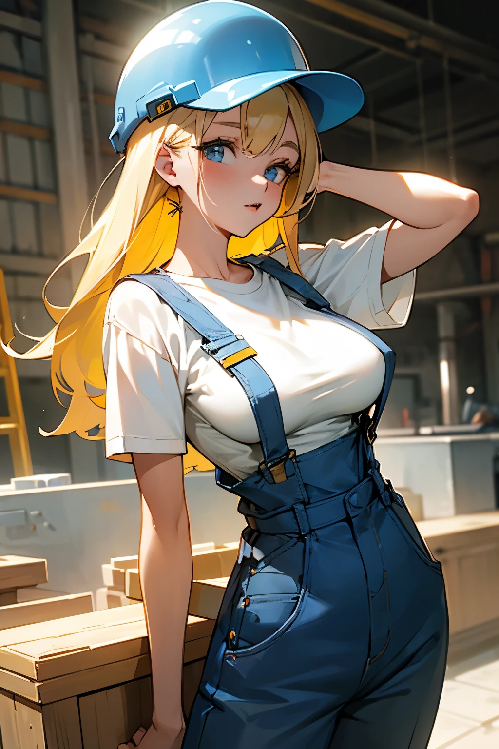 a beautiful young 20-year-old blond woman with pinned-up blond hair, He wears a white T-shirt and blue dungarees, Wearing a construction helmet and a tool belt, Hintergrund eine Baustelle, Big breasts