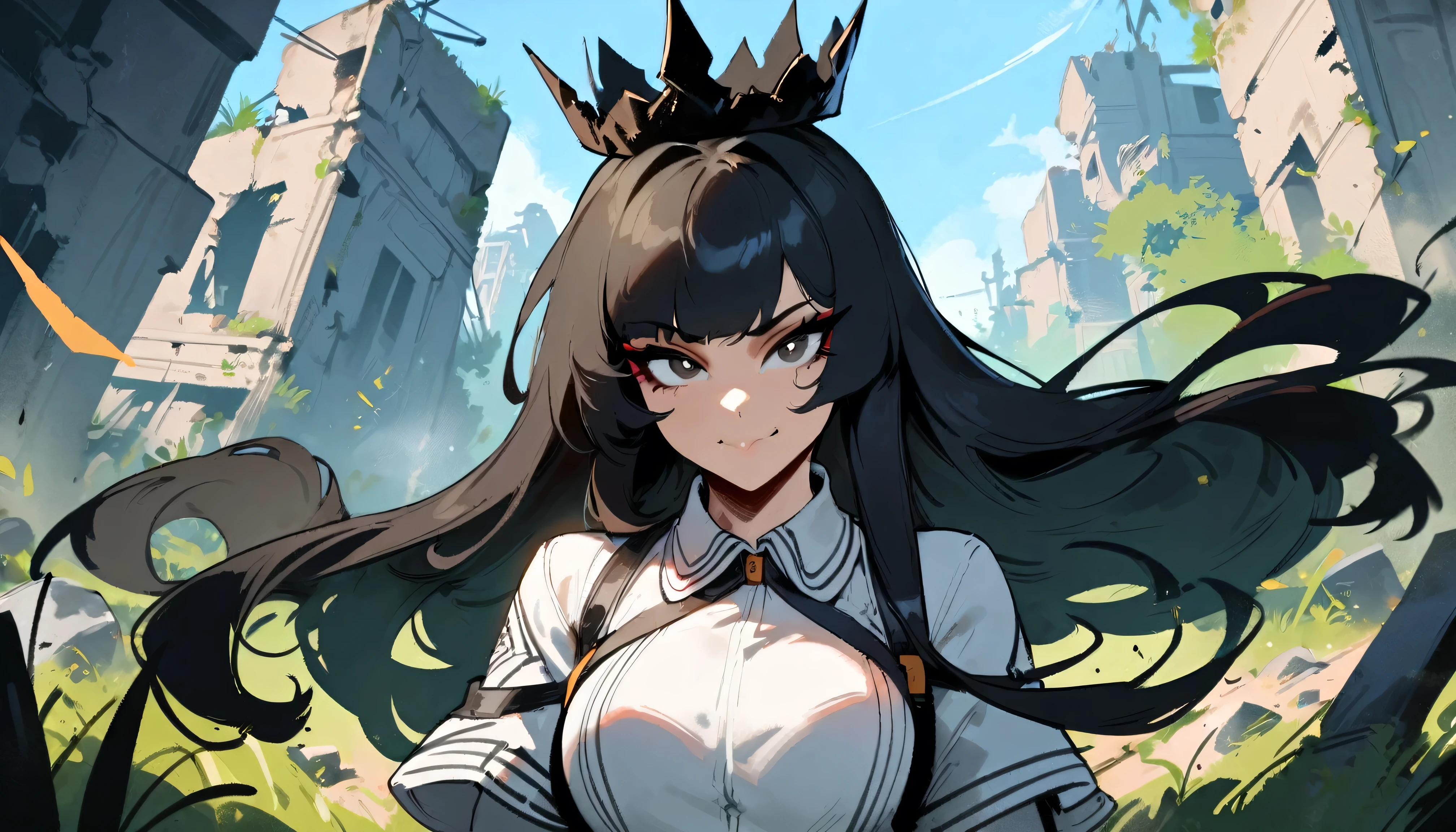1girl,virtuosa \(arknights\) \\\\\ masterpiece, best quality, very aesthetic, absurdres, newest , ///// by nyantcha, cutesexyrobutts, by khyle \\\\\ ,,,,,,light smile,,solo,, , , sky,, looking at viewer, ,,in the centre of shot, black hair, black eyes, bad girl, sadistic, arrogant, 18 years old girl, original outfit, skirt, white t-shirt, portrait,splash art, detailed face, ruins, stones, piece sign, grass,crown