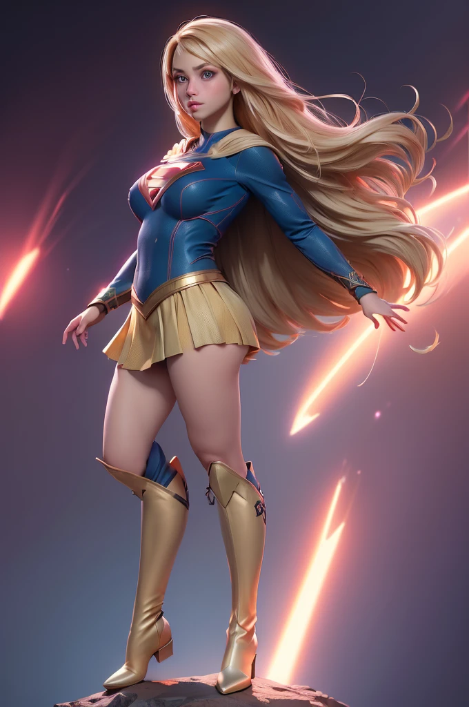 (8K, Best Quality, Photorealistic, masutepiece:1.2), super girl, Blue eyes, Blonde hair, Long hair, Cape, Superhero, Skirt, long boots, (Blonde girl:1.5), (Breast Focus:1.2), (Realistic:1.2), (Far View: 1.2), (Realism), (masutepiece:1.2), (Best Quality), (ultra-detailliert), (8K, 4K, Convoluted), (full body Esbian:1.5), (85 mm), light Particle, Lighting, (Highly detailed:1.2), (Detailed face:1.2), (gradients), SFW, Colorful, (Detailed eyes:1.2), (Detailed background), (Dynamic Angle:1.2), (Dynamic Pose:1.2), (rule of third_Composition:1.3), (Line of action:1.2), Wide Shot, Daylight, Solo.