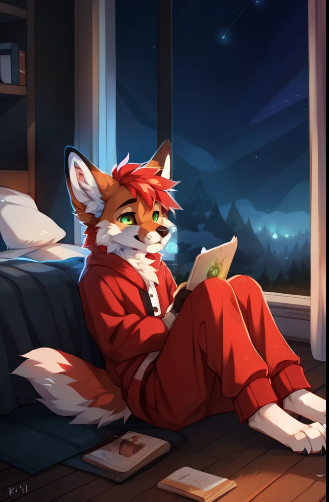 uploaded the e621, beautiful and detailed portrait of a young man (((man)) anthro fox (((man))), kenket, Ross Tran, ruan jia, uploaded to e621, zaush, foxovh, lighting zenematic, laying on their back with paws toward the viewer, the fox is blushing while texting, night, string lights, mood lighting short messy hair, pink hair, the fox is a male and is cross dressing in feminine clothing which includes a plaid pink skirt, a white top, and tight-fitting pink panties that are barely able to contain the fox's manhood, which is bulging out with the outline of the genitals clearly visible against the panties, emo, gothic, heavy eyeliner,