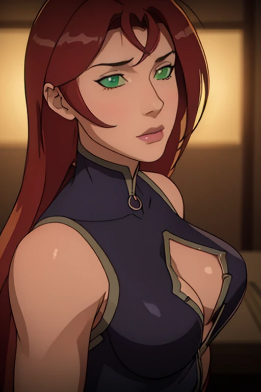 Masterpiece, Artgerm (Stanley Lau) style, gothic aesthetic, best quality, ultra realistic, 16k, crazy resolution, UHD, ultra-detailed, detailed eyes, detailed skin, detailed hair, detailed face, detailed fabric, detailed texture, ( 1 beautiful young woman, alone: 1.1), long red hair, gothic beauty, vibrant green eyes, tanned (yellow) skin, portrait, rocker clothes, High detail RAW color art, (detailed skin texture), (Muscle) detail, sharp focus, dramatic and photorealistic painting art of midjourney, natural breasts, (sideboob:1.2), jewelry, (realistic eyes), cowboy shot, V-shaped real eyes, ((hourglass shape)), hot naked, ( Blurred in vibrant cinematic light), atmosphere warm, Show all, ultra-detailed, fine details, nude, sexy waist, (proportional) big hips, thick thighs, sexy, Natural Color Lip, face with expression of pleasure and tiredness, different sensual poses in different angles, dark room gothic with cinematic lights (blurred background)、20 years old、dream atmosphere