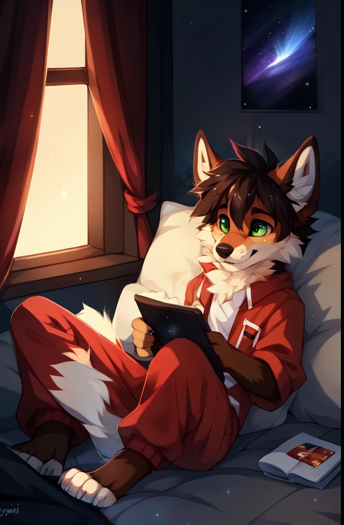solo,full body,Male,fox,green eyes,brown hands,pajamas,Good night,sleepy,Spacious bedroom,floor,Outside the window is the night sky and the Milky Way,Stellaris, ((by keihound, by reysi)), by Zackary911, by hyattlen, by fumiko, by fluff-kevlar, Furry, Anthro,