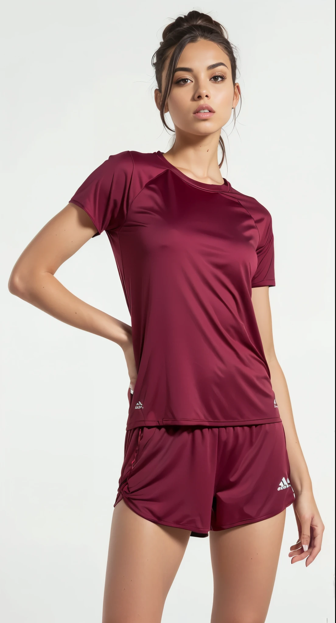 uma mulher com blusa marrom e shorts posando para uma foto, treinar com marrom, sport Camiseta, violet coloured Camiseta, camisa magenta, red Camiseta, Camiseta vermelha, red roupas esportivas, roupas esportivas, white Camiseta with red sleeves, vermelho marrom, camisa de malha, Manga curta, Camiseta, camiseta, roupas esportivas