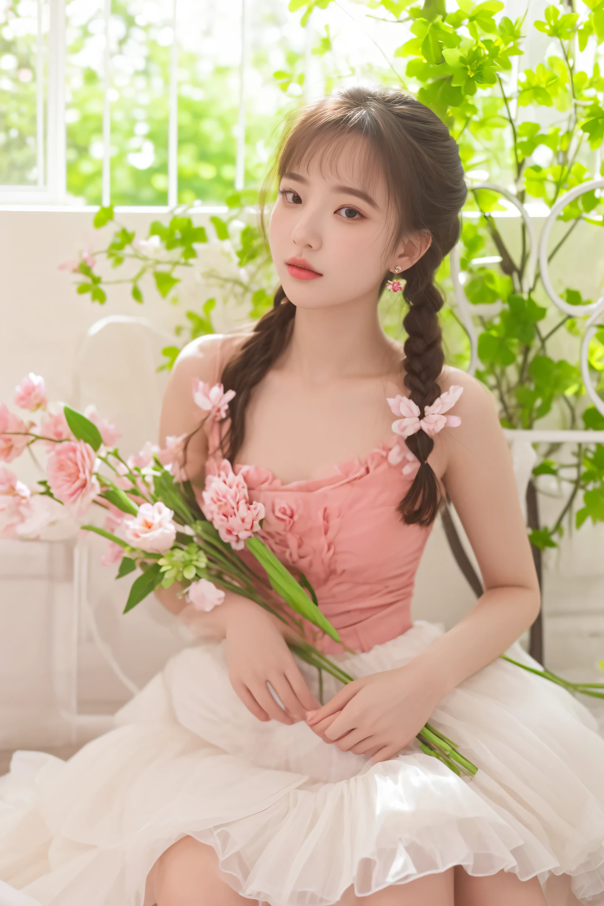 il y a une femme assise sur un lit tenant un bouquet de fleurs, avec des fleurs, sakimichan, Hungry Ghost Festival, Yoshitomo Nara, sitting avec des fleurs, pretty elegant pose, chiho, Mignon et charmant, une jolie jeune femme, charmant et mignon, ulzzang, portrait doux 8 k