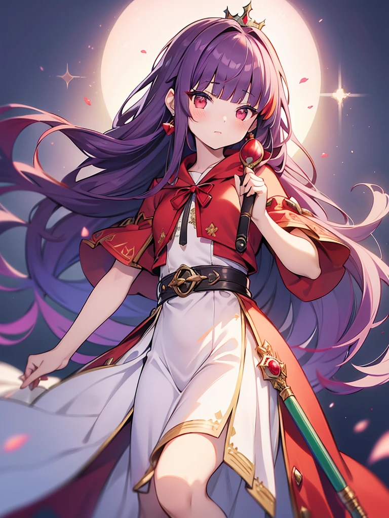 High Detail, Sharp focus, Background bokeh,

((((Princess of Moonberg)))), (1Girl),  yo, ((drooping eyes)), (((Dark purple hair))), (Blunt bangs:1.4), (Fluffy long hair), (Bright red eyes), Pearl Earrings, 
((((Red Hood)))), (Roto emblem on the hood), (((Red Stall))),  ((White robe with red edging)),  
Holding a magic wand in his left hand, Unleash the magic of healing, Glowing dimly green, music notes,