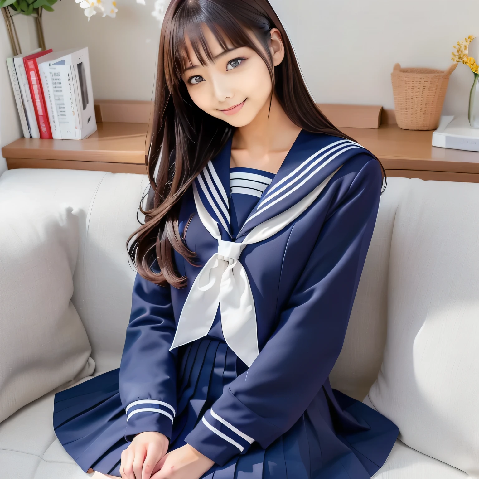 Image of a woman in her 50s wearing a sailor suit sitting on a sofa, loose coat collar Sailor suit, japanese girl school uniform, Sailor suit, japanese school uniform, JK Uniform, Magic school uniform, wear japanese school uniform, Crew suits, Seifuku, magic , , female Sailor suits, wear , Navy blue, girl wear uniform