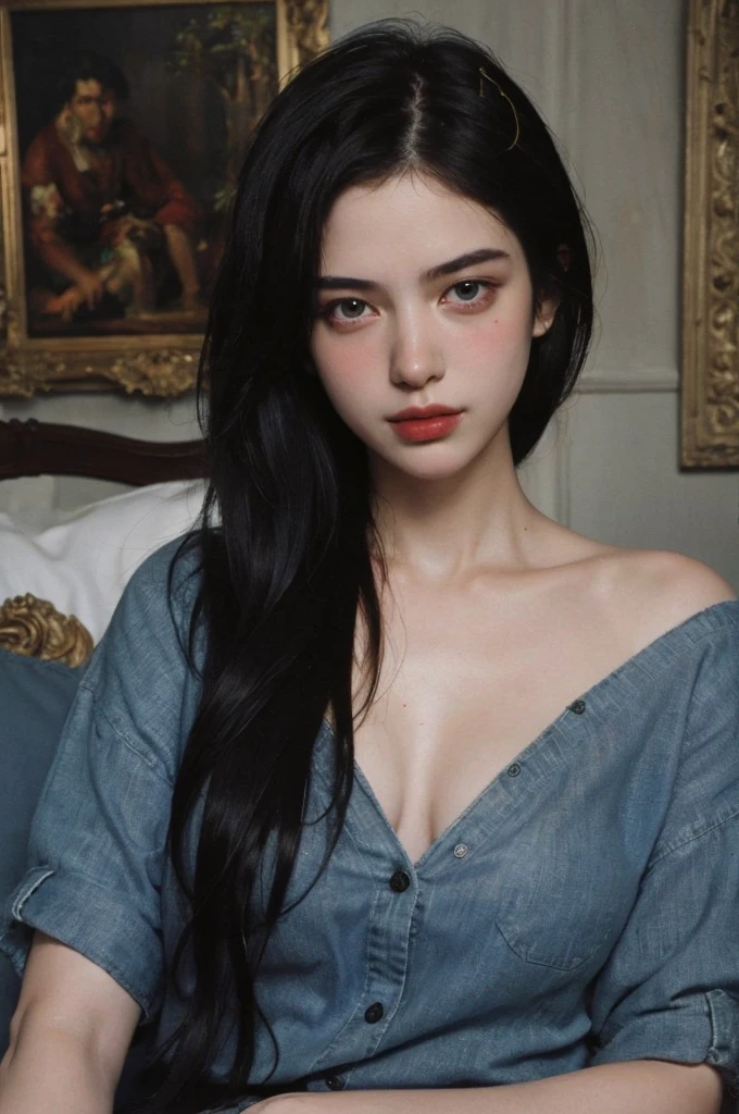 (masterpiece, top quality, best quality,8k, girl,ultra detailed,raw photo:1.5),(photorealistic:1.4),(cinematic lighting), PerfectNwsjMajic, , Surrealism, UHD, ccurate, Super detail, textured skin, High detail, Best quality, dynamic angle, (high nose,White skin),[Beautiful eyes],[flat chest:large breasts:0.5],(1girl),(good anatomy:0.5)),(Oil painting: 1.5),

\\

A woman with long black straight hair, (a detailed painting: 0.353), (Gothic art: 0.106)