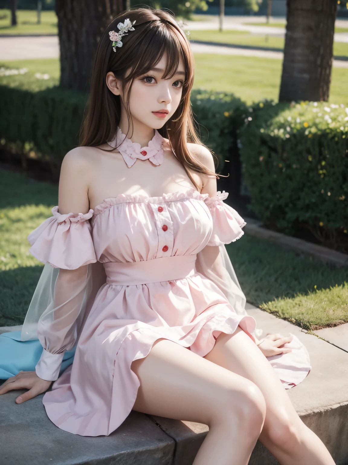 bow, pink dress, short sleeves, sailor collar, best quality, masterpiece, illustration, realistic, photo-realistic, amazing, finely detail, incredibly absurdres, huge filesize, ultra-detailed, highres, extremely detailed CG unity 8k wallpaper, A close-up, high-resolution image of a young Korean female in a scenic school campus setting. She is wearing a pink dress with a deep V-neckline that accentuates her enhanced bust, yet maintains her slender figure. The dress features short sleeves, a sailor collar, and a bow tie. She has fluffy curls and a white, ultra-puffy short skirt. The image should have a play of light and shadow, with a focus on her alluring and dynamic pose, revealing more of her bust. The image should be a closer shot.