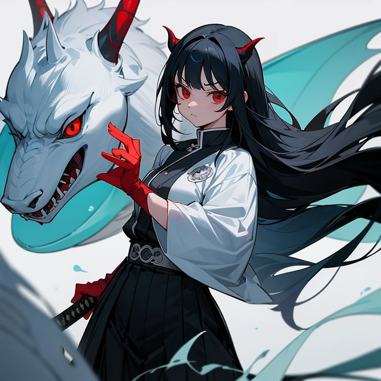 A girl from demon slayer, with long black hair and some white charms on her hair. She has a pair of red eyes with a hint of ocean blue. She is wearing the demon slayer corps uniform with a haori of a white dragon design. Her weapon is a katana. 