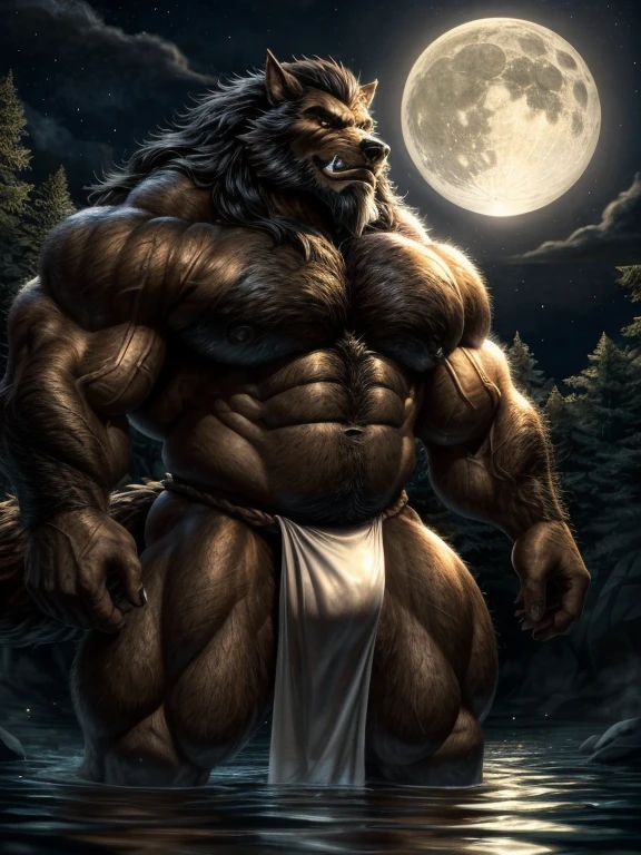 A burly, virile, and hairy werewolf with distinct wolf ears and a bushy tail, standing tall and proud against a full moonlit sky. His fur is thick and majestic, framing a powerful physique that is overmuscular and musclebound to the extreme. His broad shoulders and massive chest are accentuated by a thick mane of fur that cascades down his torso, while his overly thick arms and legs are covered in a lush, dark fur. The werewolf's body is a hulking figure, swelling with swollen muscles, veins bulging against his skin. His face is dominated by a long, bushy beard and a thick mustache, and his hair, which is beginning to grey with age, only serves to add to his rugged and imposing appearance. He is dressed in a traditional fundoshi, a Japanese loincloth, which struggles to contain his immense size and bulk. The werewolf's eyes glow a chilling shade of amber, reflecting the power and ferocity that simmers just beneath the surface of his burly exterior.