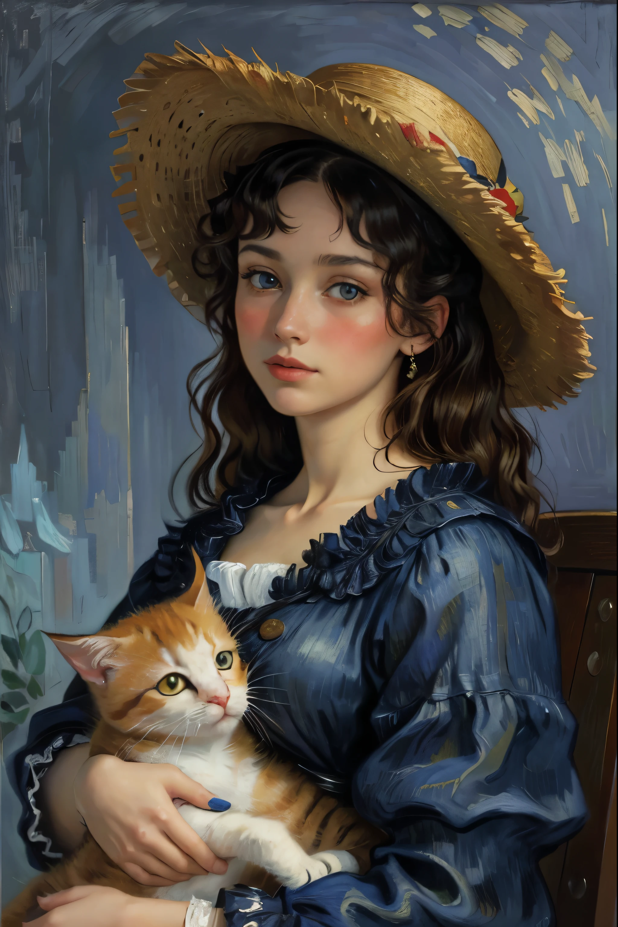 beautiful woman, oil painting, girl with big hat, vestido vermelho, holding kitten, van gogh style, renoir style, detailed face, beautiful detailed eyes, beautiful detailed lips, extremely detailed eyes and face, long eyelashes, intricate details, vivid colors, dramatic lighting, painterly brushstrokes, impasto texture, muted color palette, warm tones, moody atmosphere, chiaroscuro, high quality, 8k, photorealistic, masterpiece