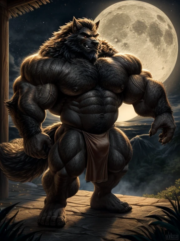 A burly, virile, and hairy werewolf with distinct wolf ears and a bushy tail, standing tall and proud against a full moonlit sky. His fur is thick and majestic, framing a powerful physique that is overmuscular and musclebound to the extreme. His broad shoulders and massive chest are accentuated by a thick mane of fur that cascades down his torso, while his overly thick arms and legs are covered in a lush, dark fur. The werewolf's body is a hulking figure, swelling with swollen muscles, veins bulging against his skin. His face is dominated by a long, bushy beard and a thick mustache, and his hair, which is beginning to grey with age, only serves to add to his rugged and imposing appearance. He is dressed in a traditional fundoshi, a Japanese loincloth, which struggles to contain his immense size and bulk. The werewolf's eyes glow a chilling shade of amber, reflecting the power and ferocity that simmers just beneath the surface of his burly exterior.