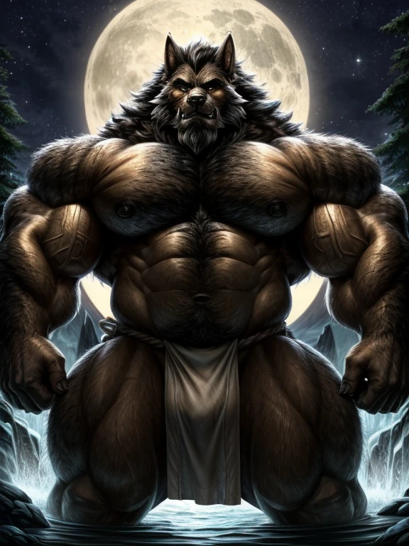 A burly, virile, and hairy werewolf with distinct wolf ears and a bushy tail, standing tall and proud against a full moonlit sky. His fur is thick and majestic, framing a powerful physique that is overmuscular and musclebound to the extreme. His broad shoulders and massive chest are accentuated by a thick mane of fur that cascades down his torso, while his overly thick arms and legs are covered in a lush, dark fur. The werewolf's body is a hulking figure, swelling with swollen muscles, veins bulging against his skin. His face is dominated by a long, bushy beard and a thick mustache, and his hair, which is beginning to grey with age, only serves to add to his rugged and imposing appearance. He is dressed in a traditional fundoshi, a Japanese loincloth, which struggles to contain his immense size and bulk. The werewolf's eyes glow a chilling shade of amber, reflecting the power and ferocity that simmers just beneath the surface of his burly exterior.