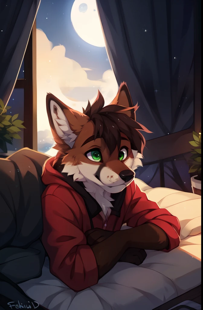 solo，full body，Male，fox，green eyes，brown hands，pajamas，Good night，sleepy，Spacious bedroom，floor，Outside the window is the night sky and the Milky Way，Moon outside the window，Stellaris, ((by keihound, by reysi)), by Zackary911, by hyattlen, by fumiko, by fluff-kevlar, Furry, Anthro,
