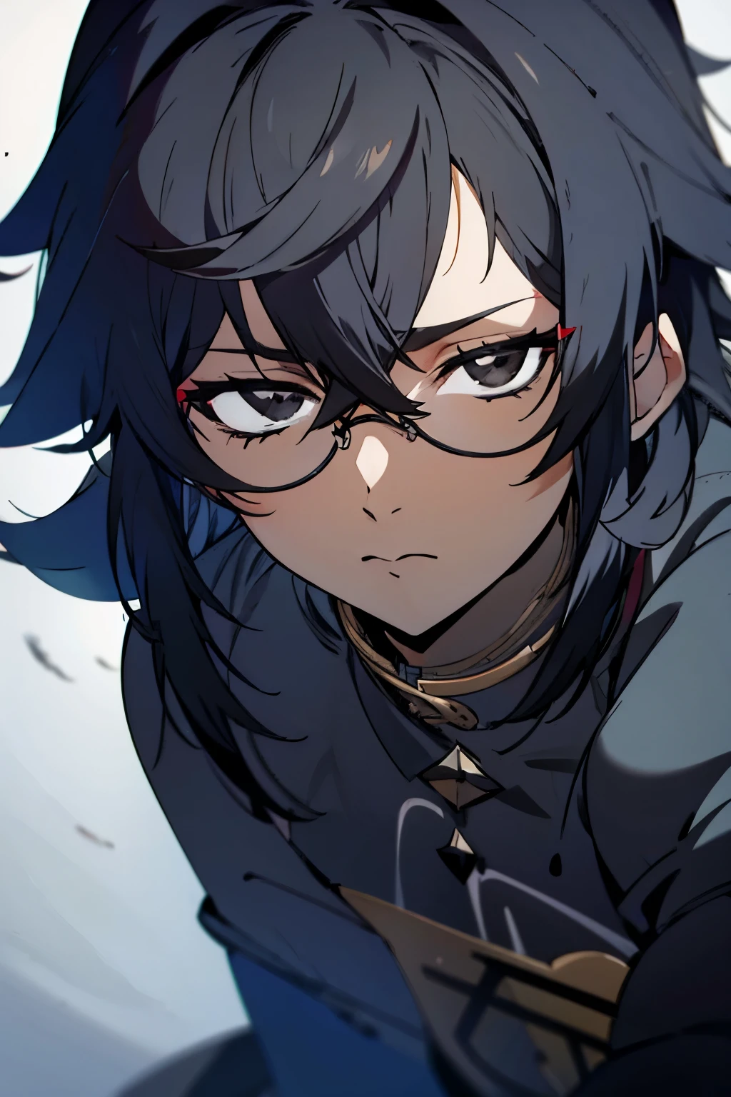 man, dark skin, short black messy hair, glasses, black eyes.