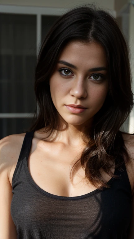 ((best quality)), ((masterpiece)), (detailed), perfect face realistic photo of beautiful woman with long dark brown hair, Russian, influencer, light freckles, dark brown eyes, big lips, no makeup, insagram, next to black wall, yoga outfit, ((showing sexy feet))