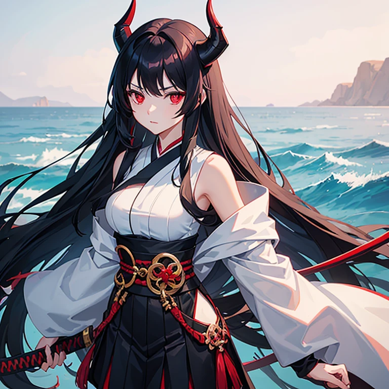 A girl from demon slayer, with long black hair and some white charms on her hair. She has a pair of red eyes with a hint of ocean blue. She is wearing the demon slayer corps uniform with a haori of a white dragon design. Her weapon is a katana.