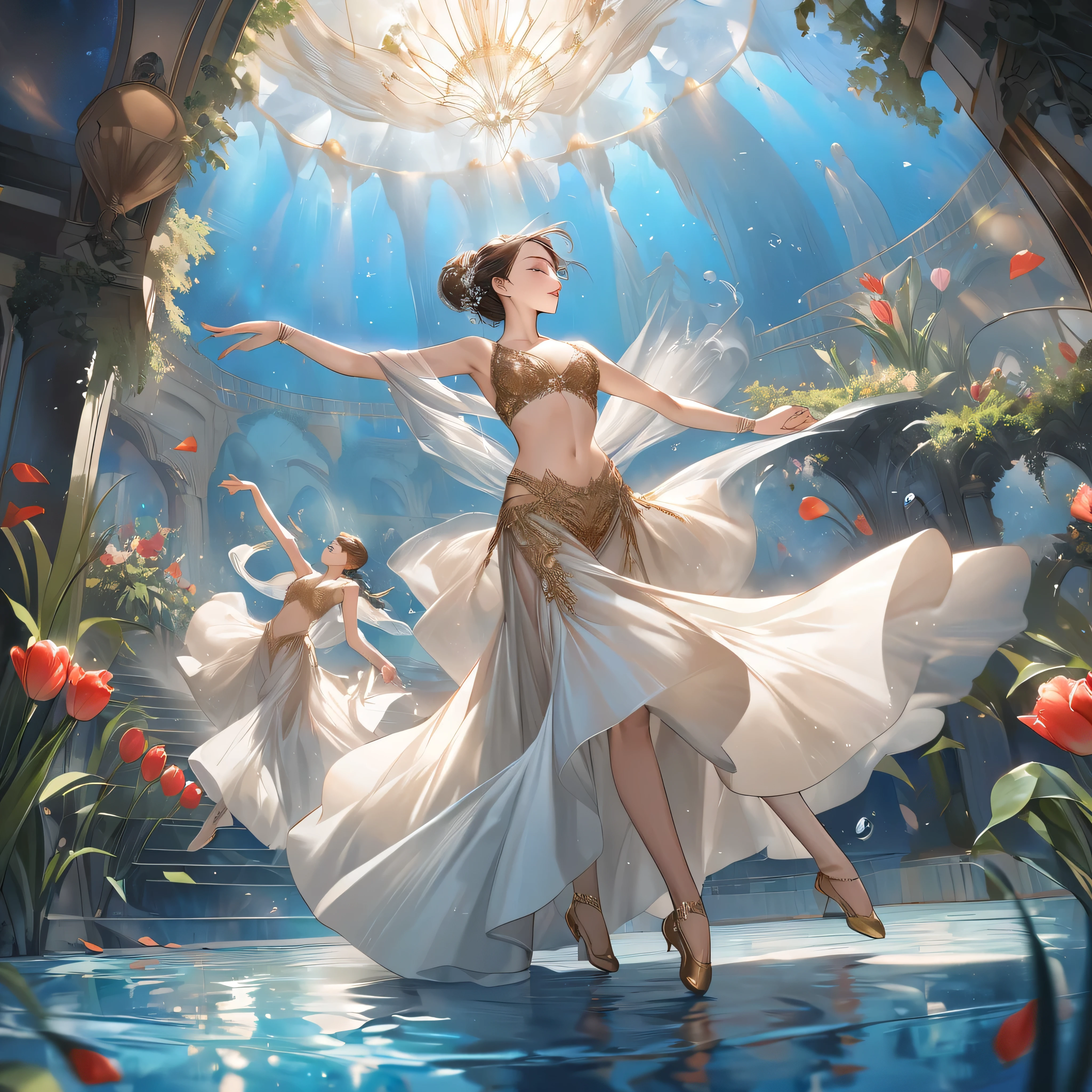 Oasis.forLatin ballroom dancers in intense pose a midst a vibrantly brightly colored underwater Oasis.for photo shoot intricate beautiful detailed and gemstone adorned abundantlyimage depicts a man and a woman dressed in gold costumes, performing a ballroom dance. The man is holding the woman's hand, and they are both wearing matching gold shoes. The woman is wearing a gold skirt and a gold top, while the man is wearing a glold vest and pants. They are both posing in a graceful and elegant manner, showcasing their dancing skills.The image depicts three female ballet dancers in various poses, with one dancer in the center performing a pirouette. The dancers are wearing black and white costumes, and their movements are graceful and fluid. The background is dark, creating a dramatic contrast between the dancers and their surroundings.image depicts three female ballet dancers in various poses, with one dancer in the center performing a pirouette. The dancers are wearing black and white costumes, and their movements are graceful and fluid. The background is dark, creating a dramatic contrast between the dancers and their underwater performance settings and surroundings.
beautiful teal colored crystal clear eyed sun kissed bronze neon bikini clad model that is emerging up steps from a large pool of water., hyper realistic, 8k hdr clears skies, beautiful skies, hanging roses and tulips to decorate environment gazebo