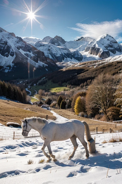 Mountains.peaks.snow.Sun.meadow.White horse.