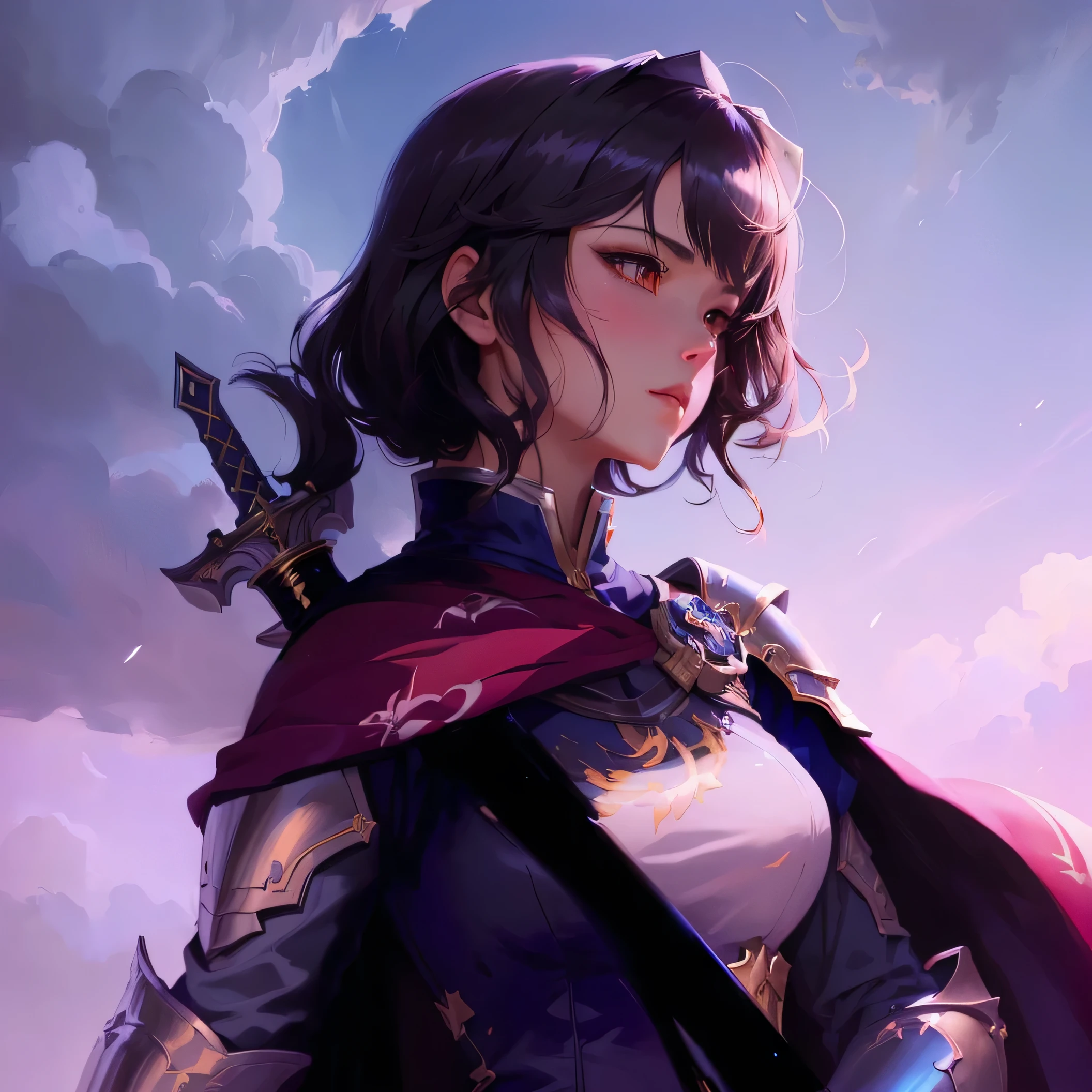anime girl with sword and cape in front of cloudy sky, portrait knights of zodiac girl, by Yang J, artgerm and atey ghailan, portrait knight female, detailed digital anime art, extremely detailed artgerm, anime art wallpaper 8 k, portrait of female paladin, cushart krenz key art feminine, anime art wallpaper 4 k, night sky, female knight, dark hair