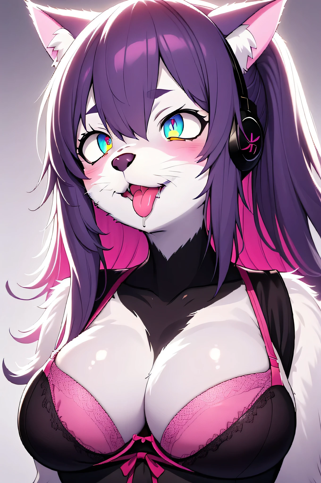Masterpiece, 1girl, multi color eyes, glowing eyes, purple hair, red lips, upper body, bangs, high ponytail, bangs to the side, long curly, messy hair, busty, pink bra, big breast, huge breasts, hard nipples, ahegao, ahegao face, cross eyed, drool, red headphones, furry, animal ears, furry skin, fur, animal, cat woman, furry woman, (illustration), (anime), detailed, ((intricate details)), hdr, ((intricate details, hyperdetailed)) headshot, head in frame, full frame, perfect centering, head in photo, shot from top, looking up, portrait, perfect headshot, perfect shot, vibrant colors